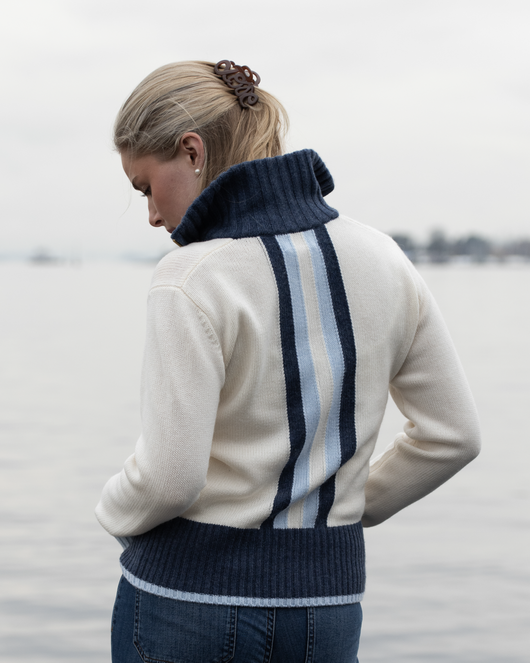 Contrast cardigan Offwhite/navy/light blue
