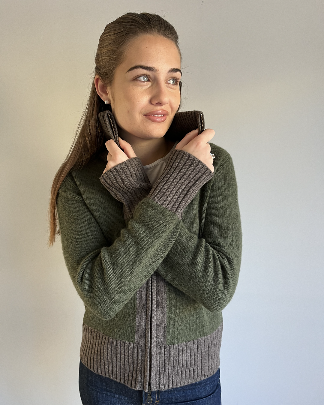Contrast cardigan Oliven/mørk brun