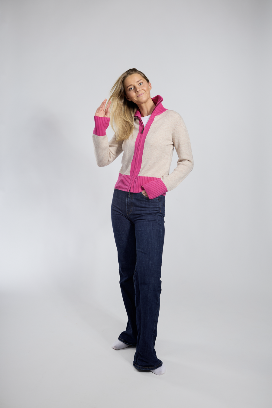 Contrast cardigan Sand/rosa overstock