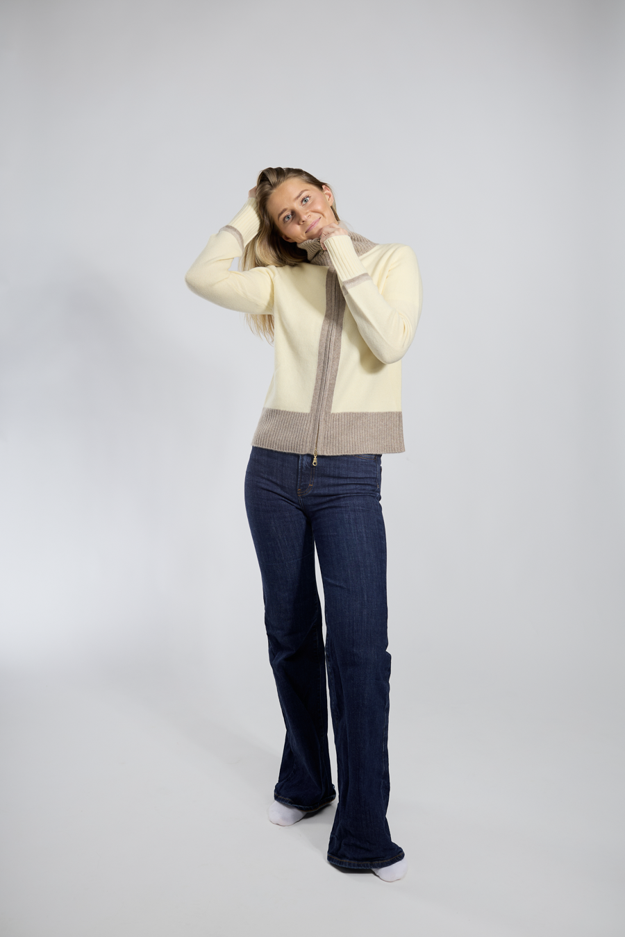 Contrast cardigan kashmir Lysgul/lyssand/sand