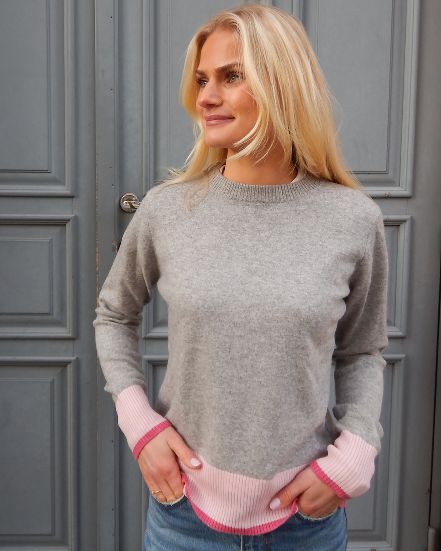 Nicky round neck kashmir - Grå/rosa/lyserosa