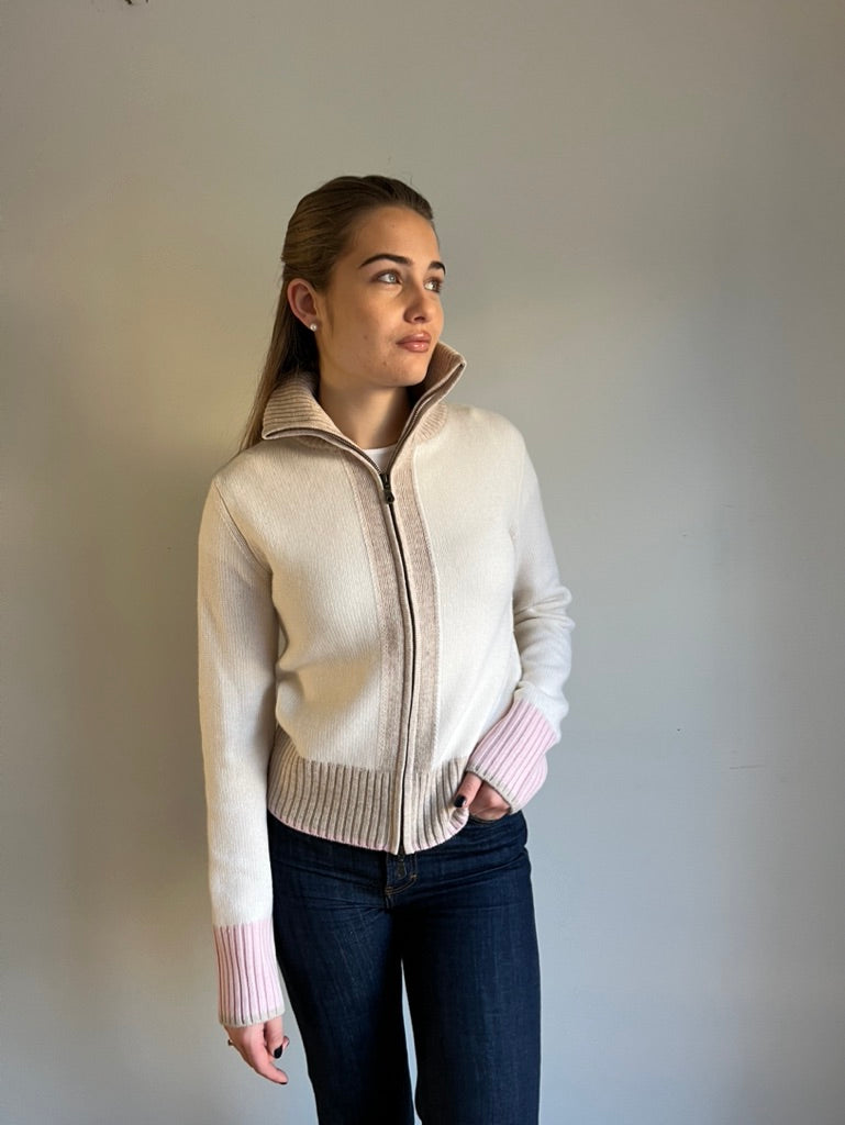 Contrast cardigan Offwhite/sand/lyserosa