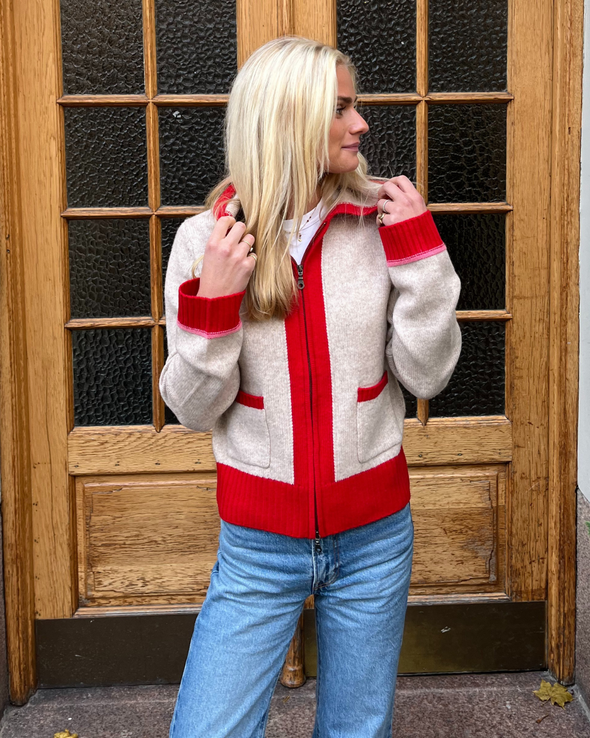 Celeste hood cardigan Sand/rød/rosa