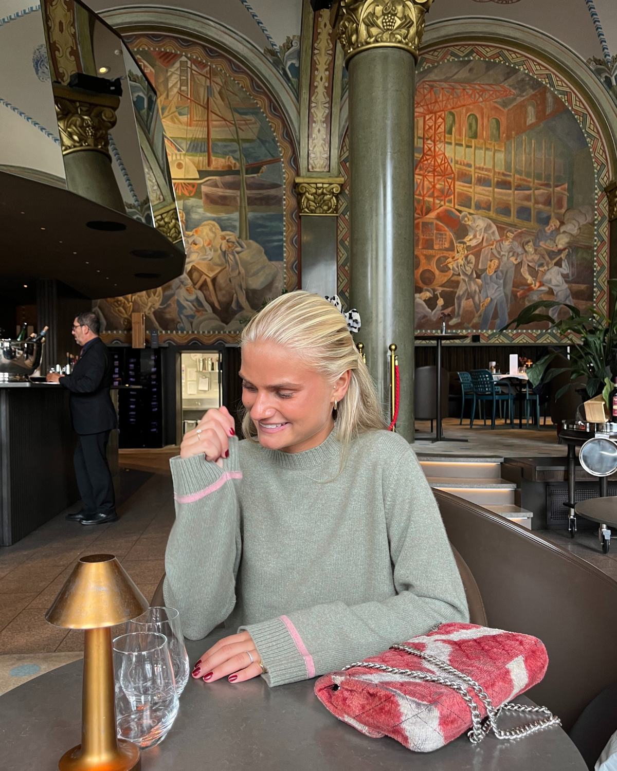 Round neck cashmere - Olive/pink