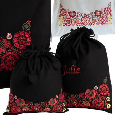 Bunad set 4 bags in black/white - red/green/yellow embroidery