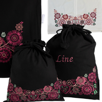 Bunadssett 4 poser i sort - burgunder/rosa/grønn