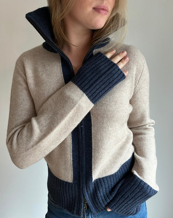 Contrast cardigan sand/navy
