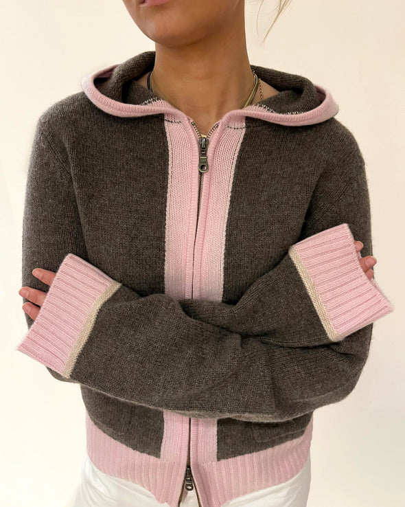 Celeste hood cardigan Mørk brun/sand/lyserosa - KAN FORHÅNDSBESTILLES NÅ
