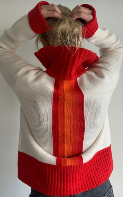 Contrast cardigan offwhite/rød/oransje rainbow