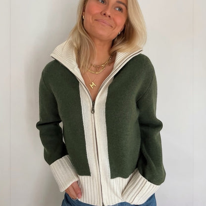 Contrast cardigan olive/off-white