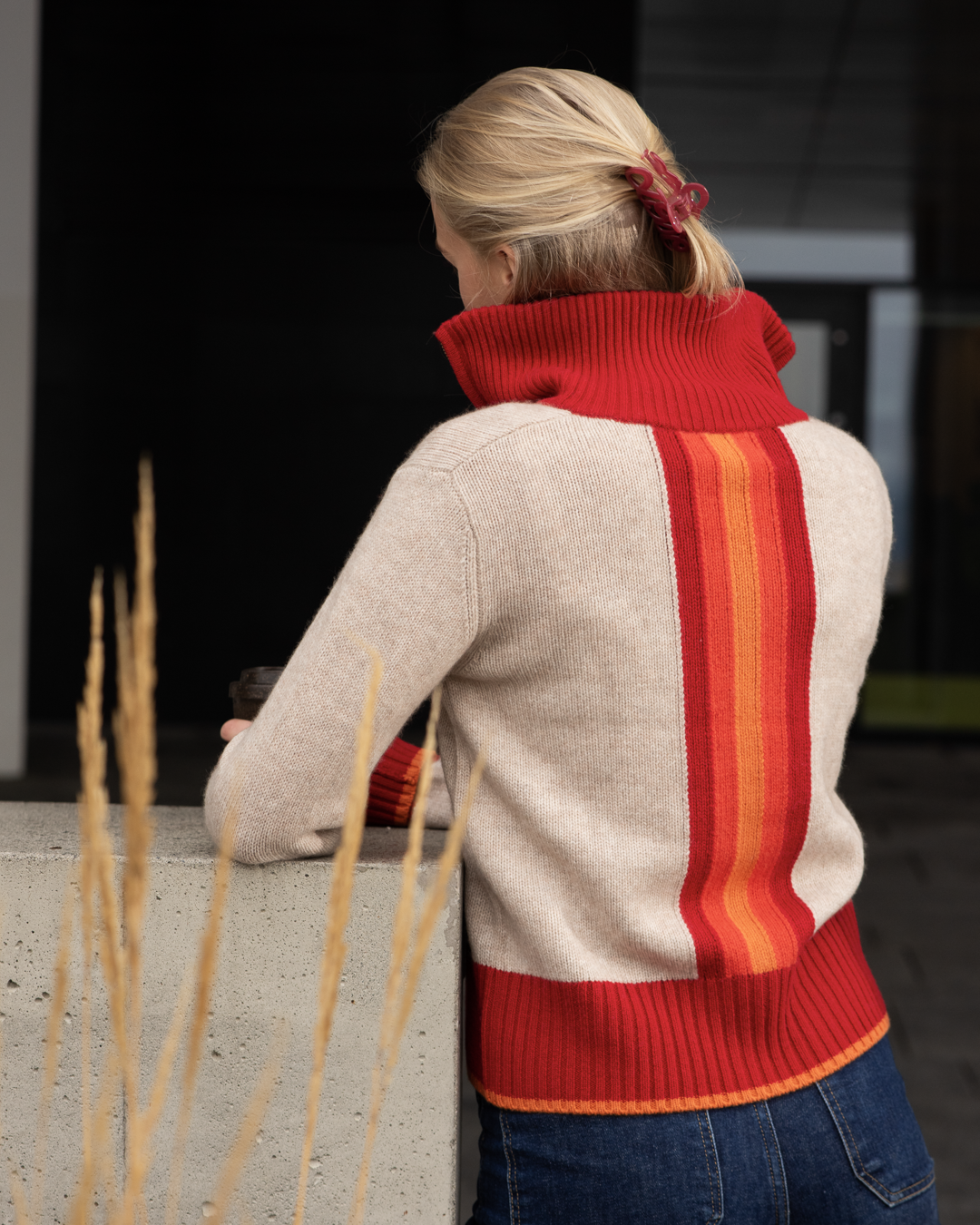 Contrast cardigan Sand/rød/oransje