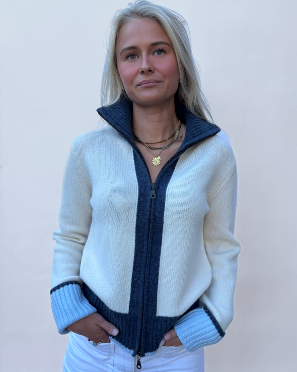 Contrast cardigan Offwhite/navy/lyseblå
