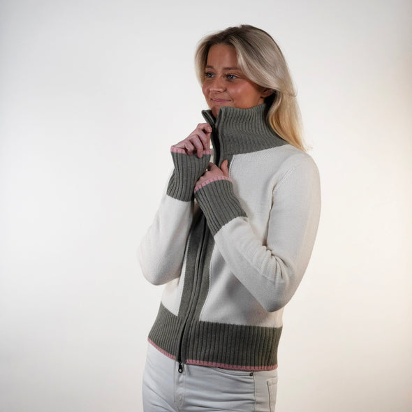 Contrast cardigan Offwhite/lys oliven/rosa