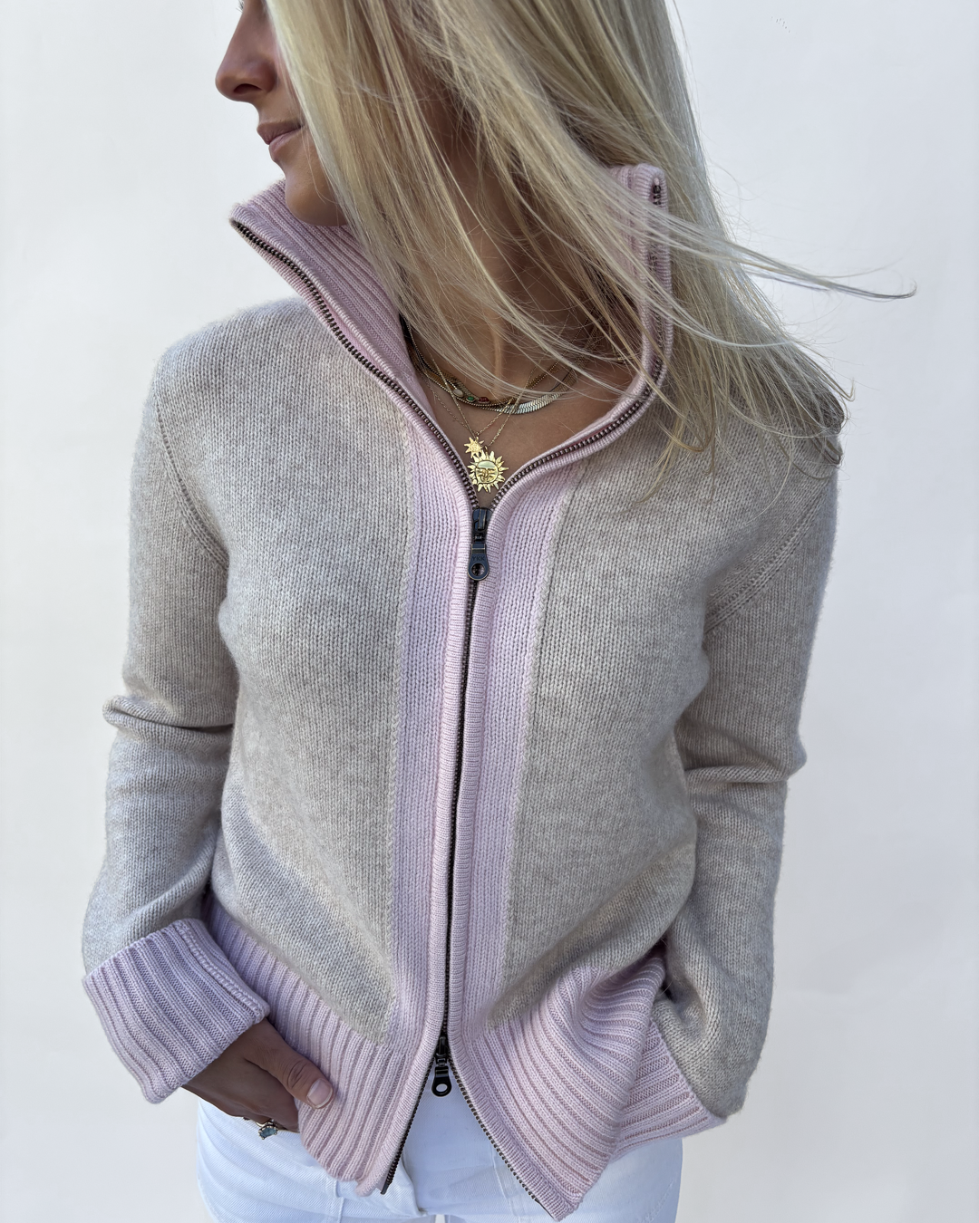 Contrast cardigan Sand / lysrosa