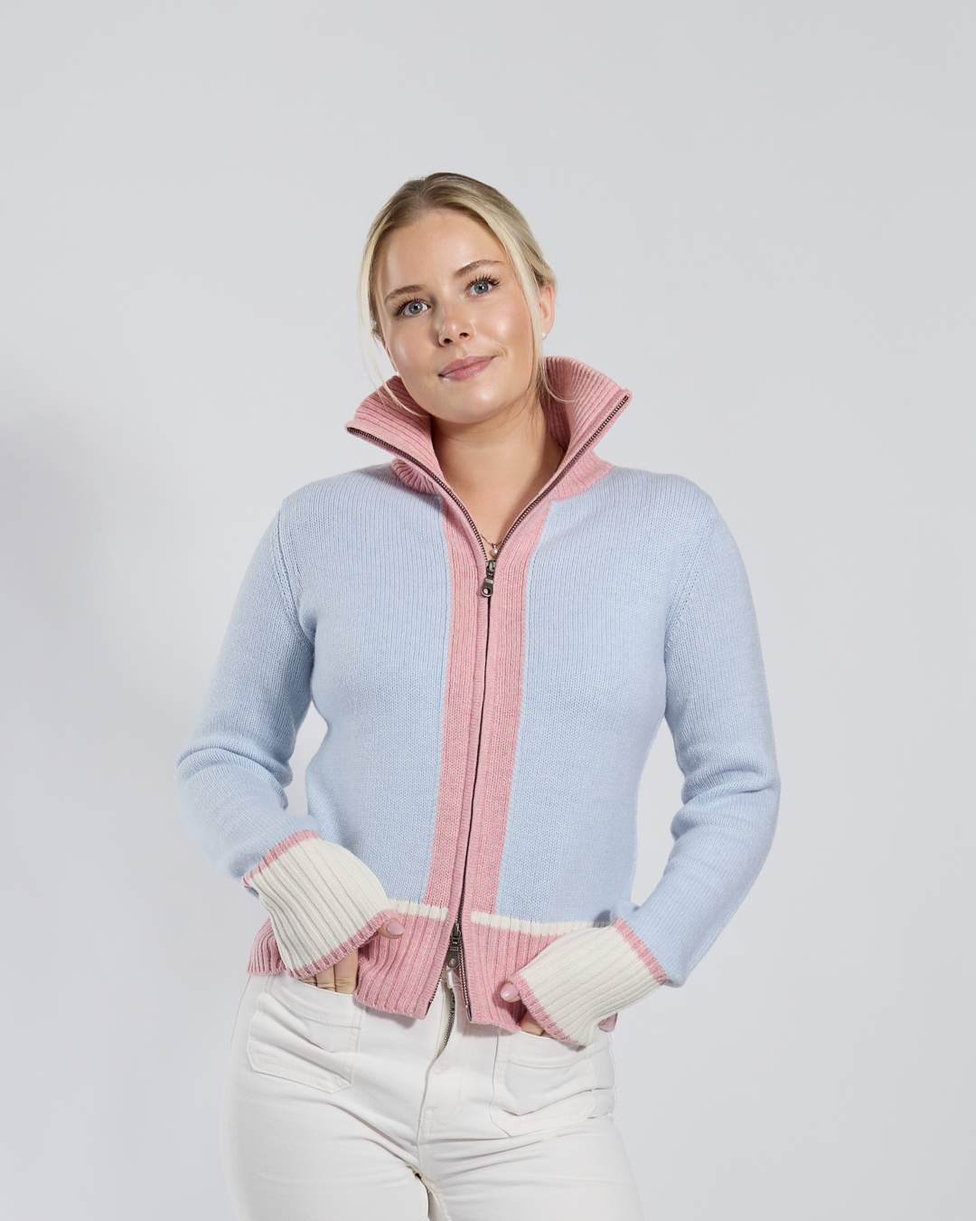 Contrast cardigan Lyseblå/rosa/offwhite