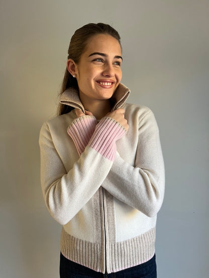 Contrast cardigan Offwhite/sand/lyserosa