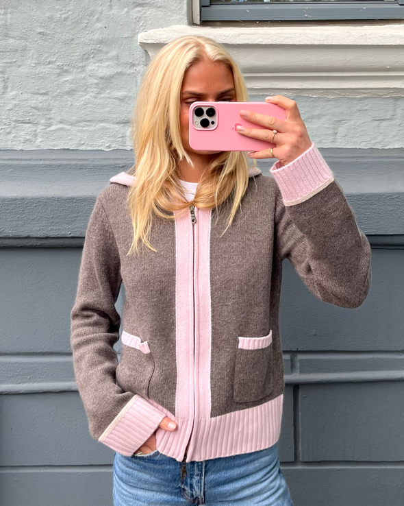 Celeste hood cardigan Mørk brun/sand/lyserosa