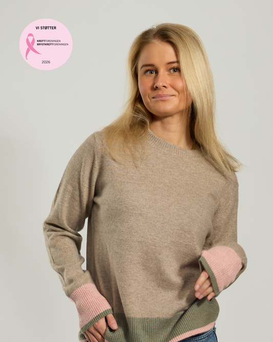 Nicky round neck kashmir - Sand/oliven/rosa