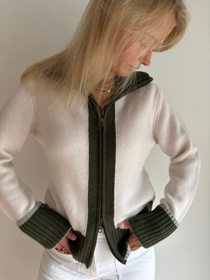 Contrast cardigan Offwhite/oliven/lysegrønn