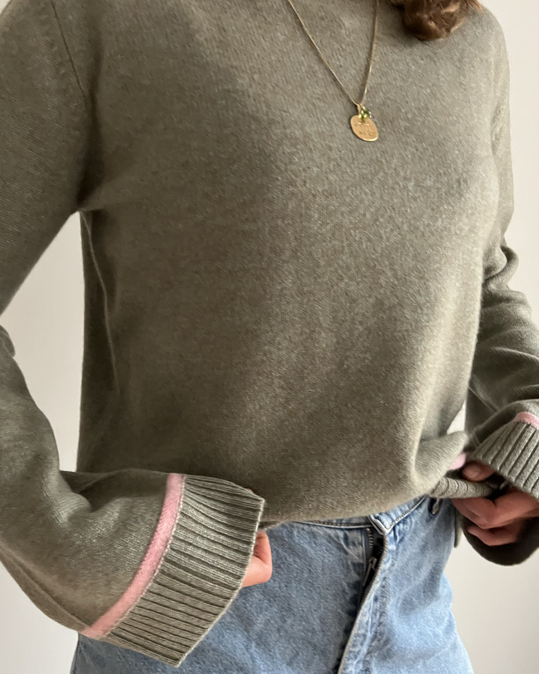 Round neck cashmere - Olive/pink