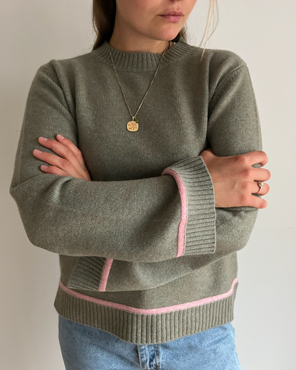 Round neck cashmere - Olive/pink