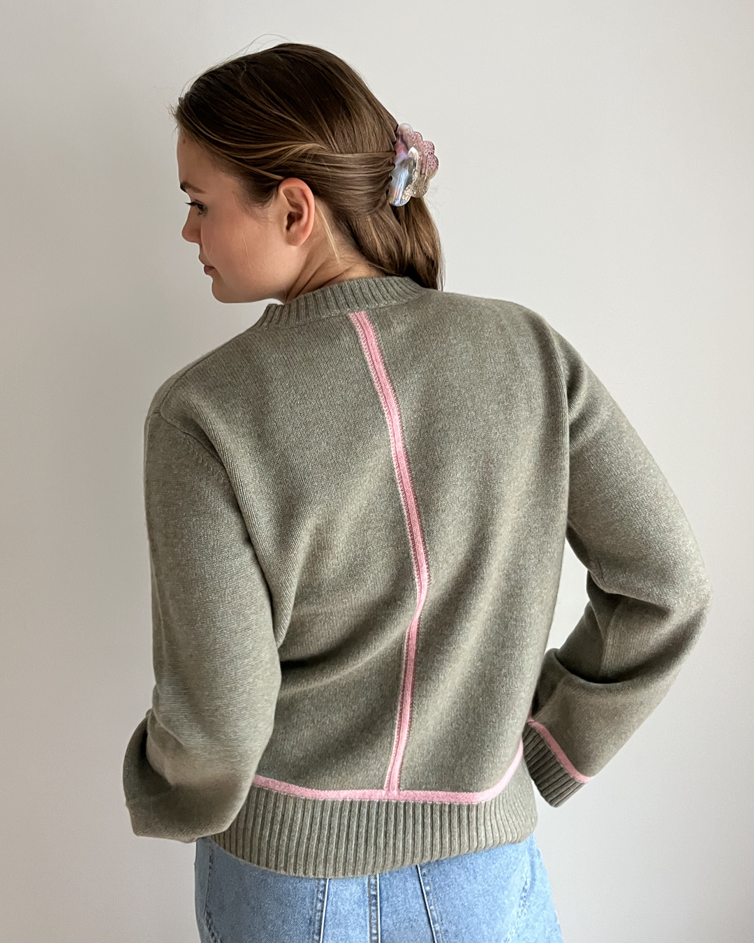Round neck cashmere - Olive/pink