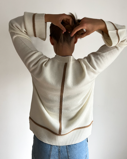 Round neck cashmere - Offwhite/brown