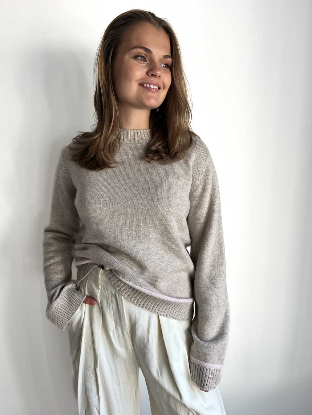 Round neck cashmere - Sand/pink