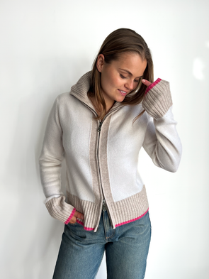 Contrast cardigan Offwhite/sand/rosa