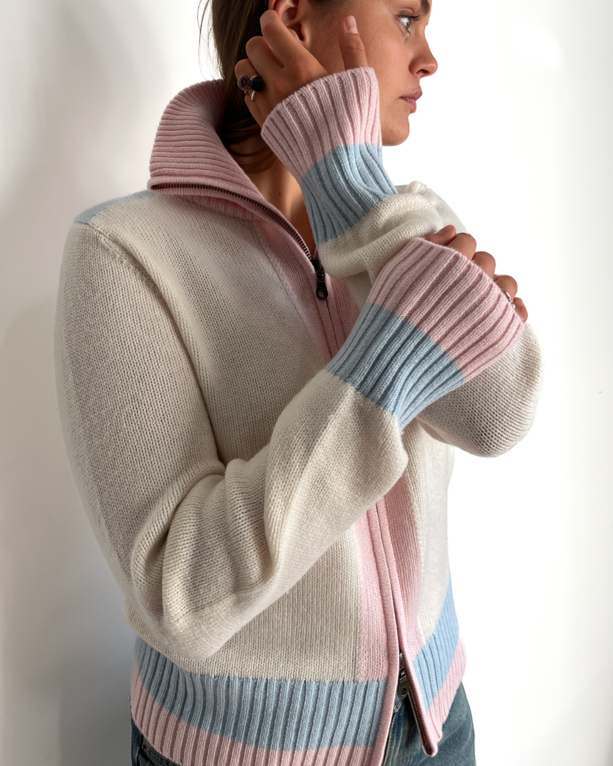 Contrast cardigan Offwhite/lyserosa/lyseblå