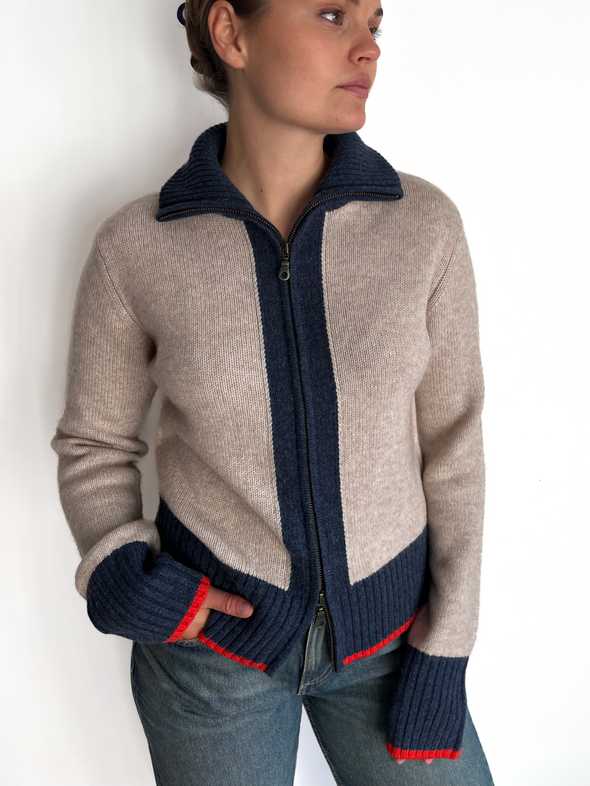 Contrast cardigan Sand/navy/oransje