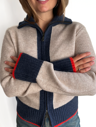 Contrast cardigan Sand/navy/oransje