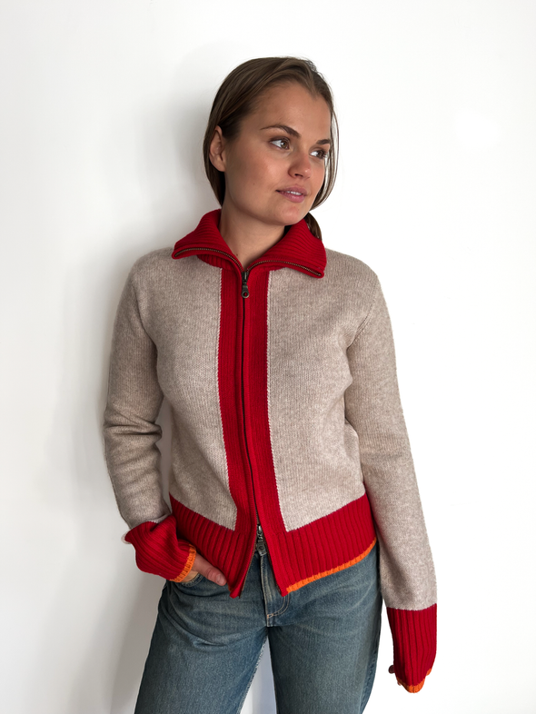 Contrast cardigan Sand/rød/oransje