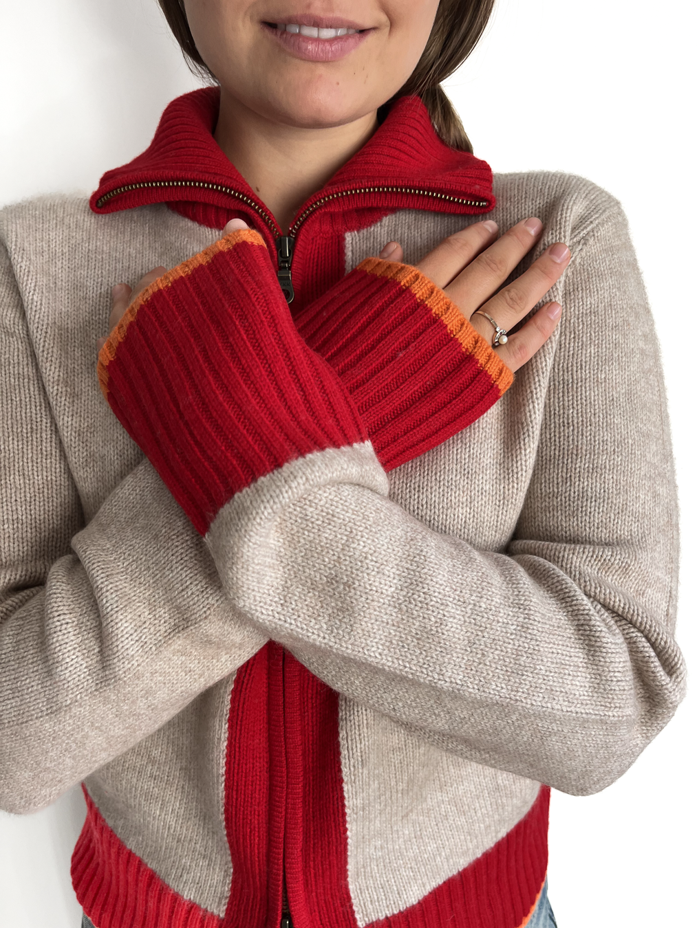 Contrast cardigan Sand/rød/oransje