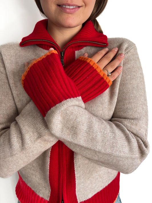Contrast cardigan Sand/rød/oransje