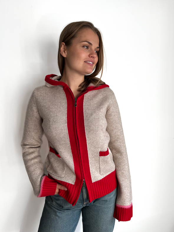 Celeste hood cardigan Sand/rød/rosa