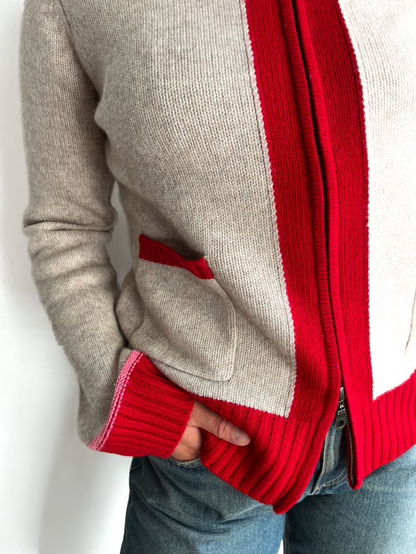 Contrast cardigan Sand/rød/oransje