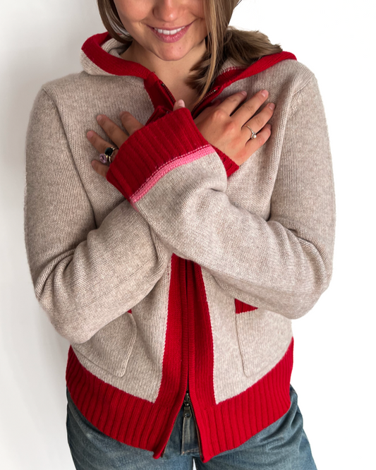 Celeste hood cardigan Sand/rød/rosa