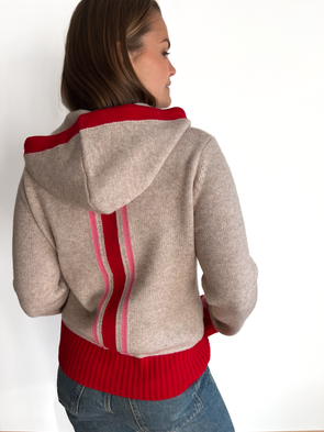 Celeste hood cardigan Sand/rød/rosa