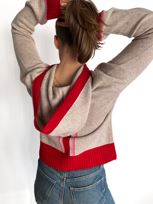 Celeste hood cardigan Sand/rød/rosa