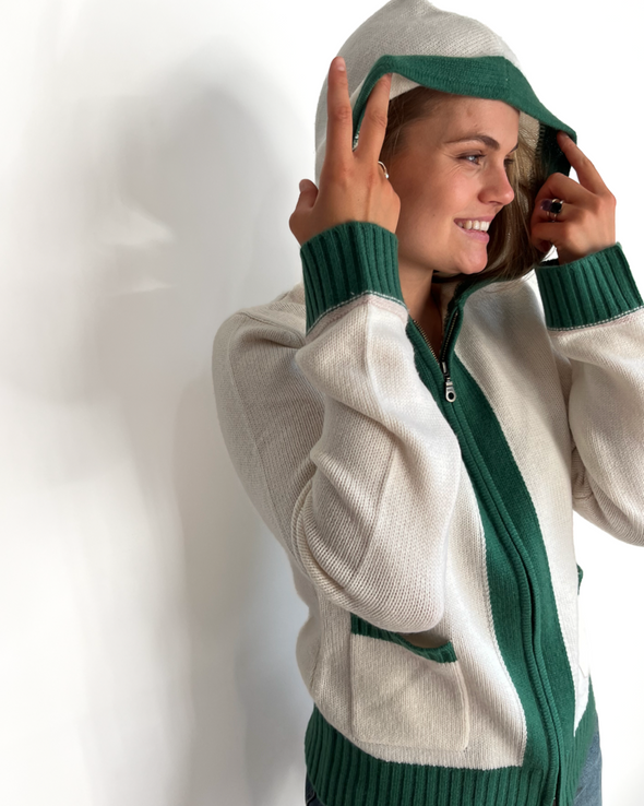 Celeste hood cardigan Offwhite/grønn/sand