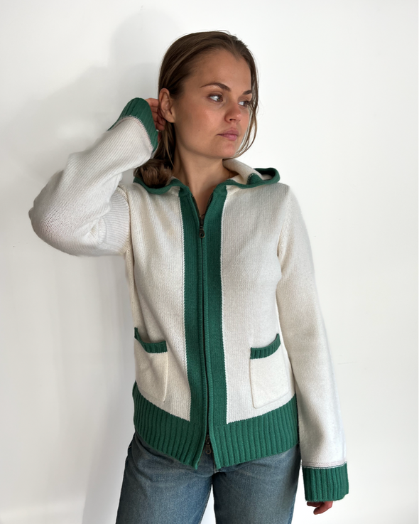 Celeste hood cardigan Offwhite/grønn/sand