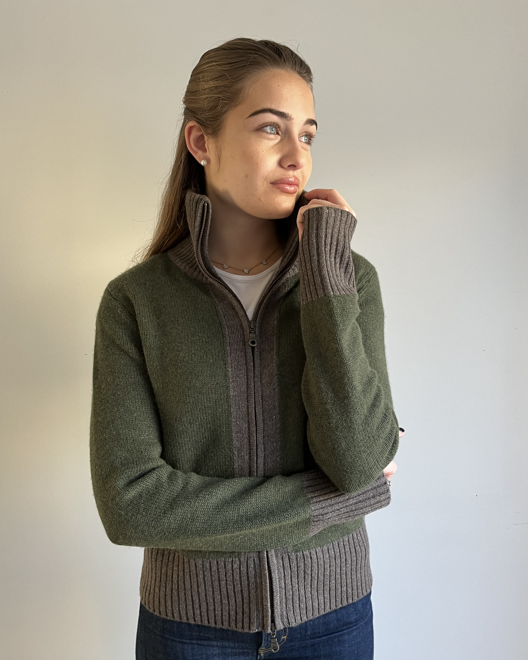 Contrast cardigan Oliven/mørk brun