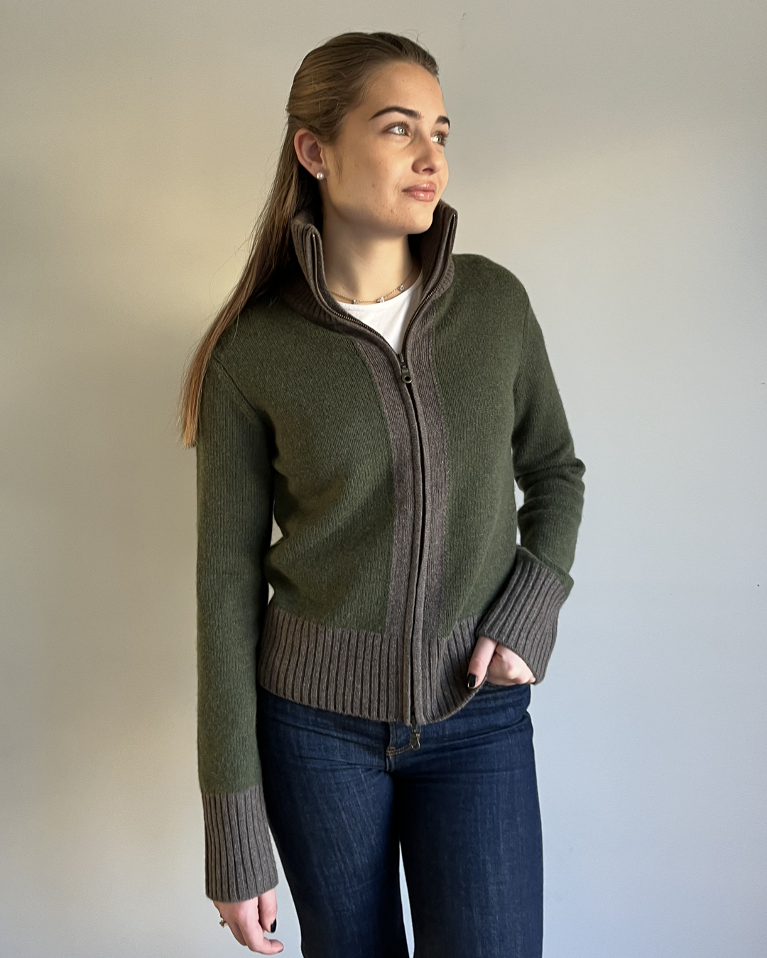 Contrast cardigan Oliven/mørk brun