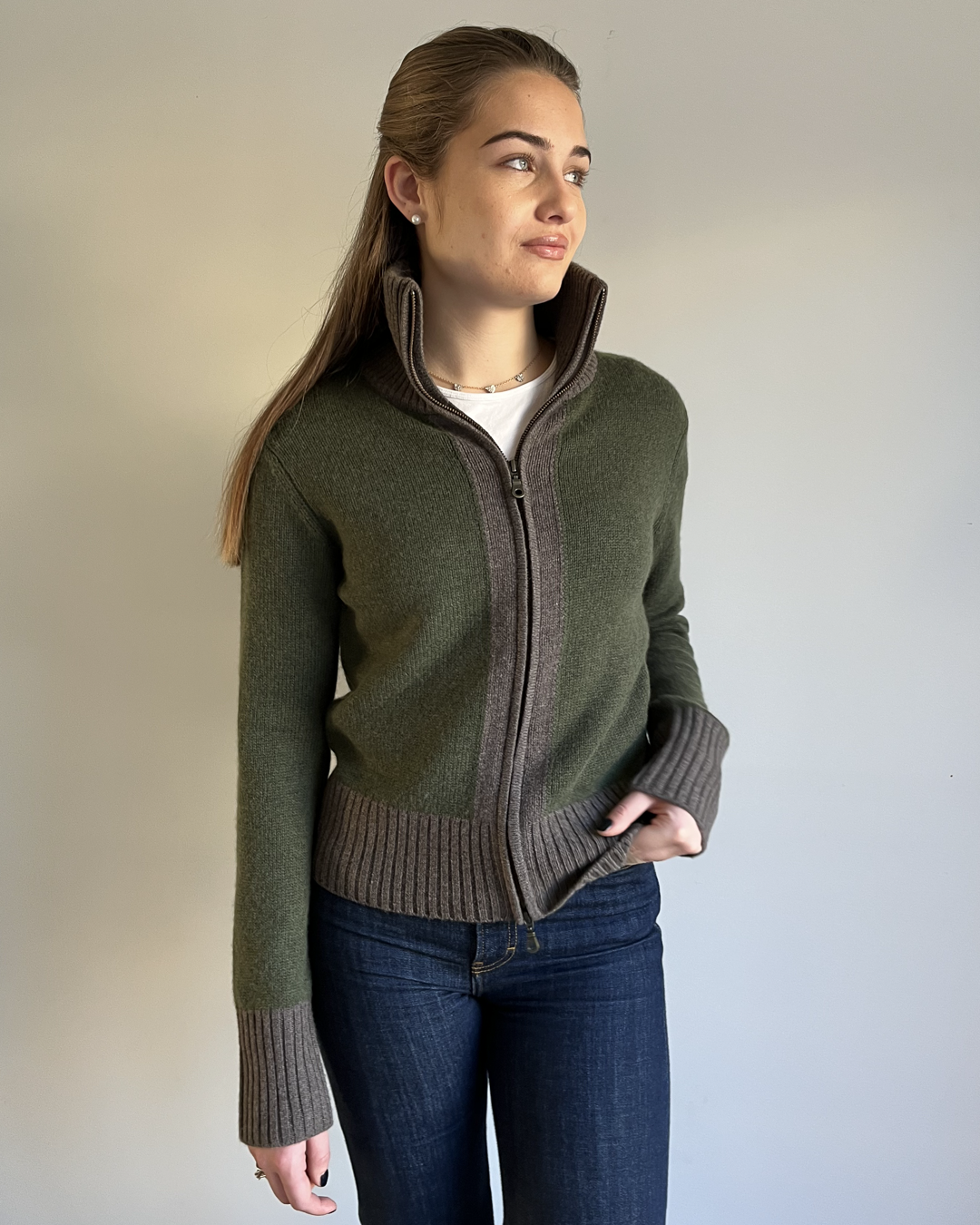 Contrast cardigan Oliven/mørk brun