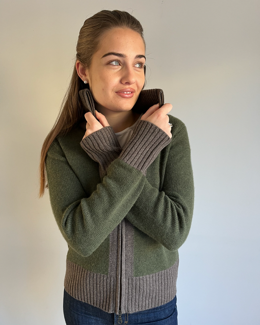 Contrast cardigan Oliven/mørk brun
