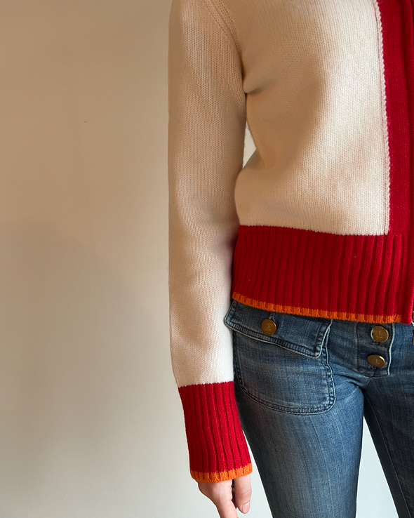 Contrast cardigan offwhite/rød/oransje rainbow