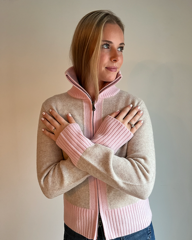 Contrast cardigan Sand / lysrosa 5 striper