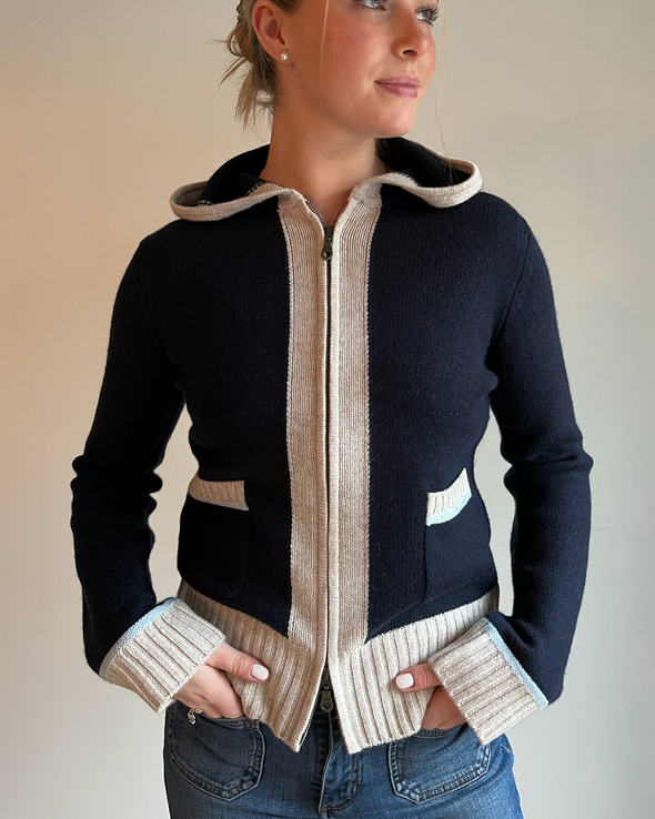 Celeste hood cardigan navy/lyseblå/sand