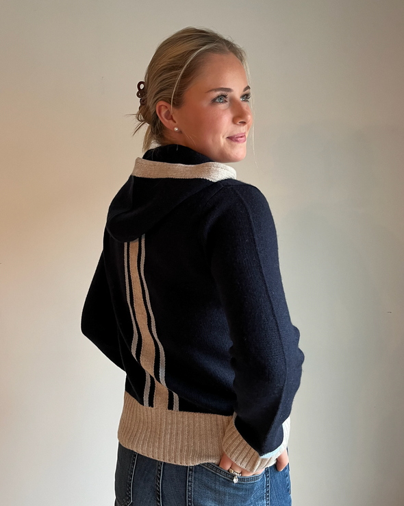 Celeste hood cardigan navy/lyseblå/sand